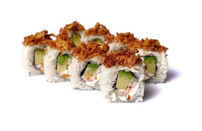 Kaiser InsideOut mit Crevetten, Avocado und Röstzwiebeln, Inside Out Rolls Zürich